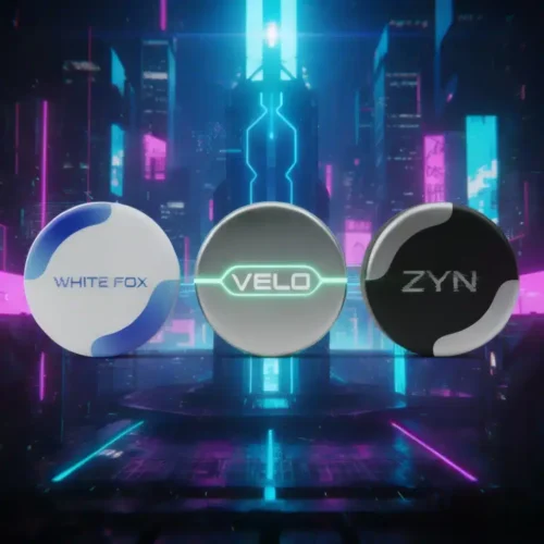 Lineup of Pablo alternatives including White Fox, VELO, and ZYN nicotine pouches on a clean background, representing the best strong nicotine pouch brands in 2025